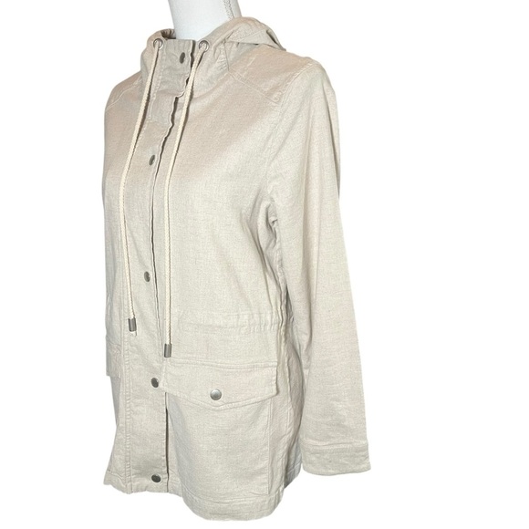 Market & Spruce Linen Blend Utility Jacket Hooded Cinch Waist Cream Oatmeal Sz M - Picture 8 of 15